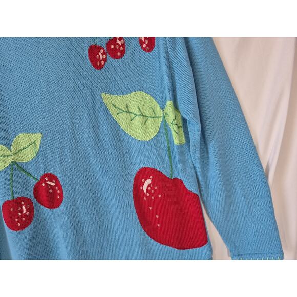 Vintage The Quacker Factory Blue Red Cherry Embroidered Pullover Sweater Large - Picture 2 of 6
